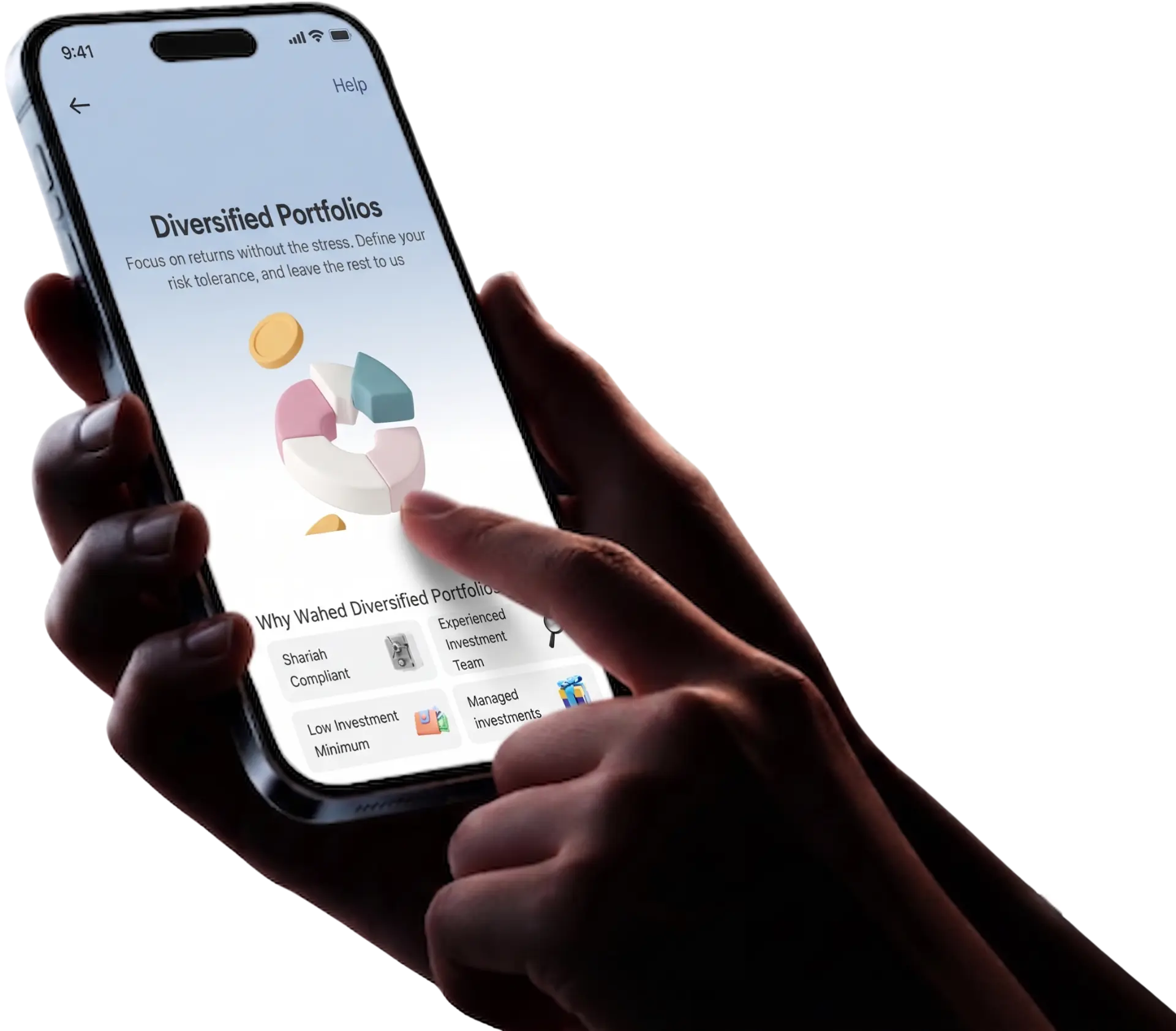 Hand holding a phone showing Wahed Diversified Portfolios